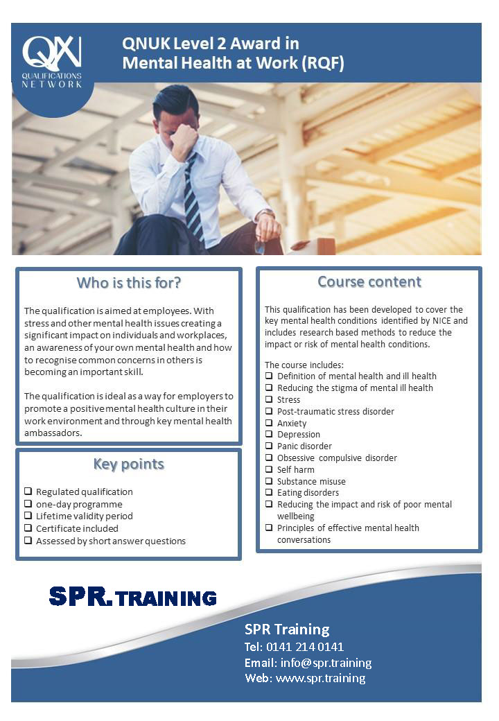 QNUK&nbsp; Level 2:&nbsp; Award in Mental Health at Work (RQF)